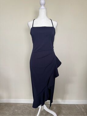 Sleeveless Navy Midi Dress with Asymmetric Ruffle